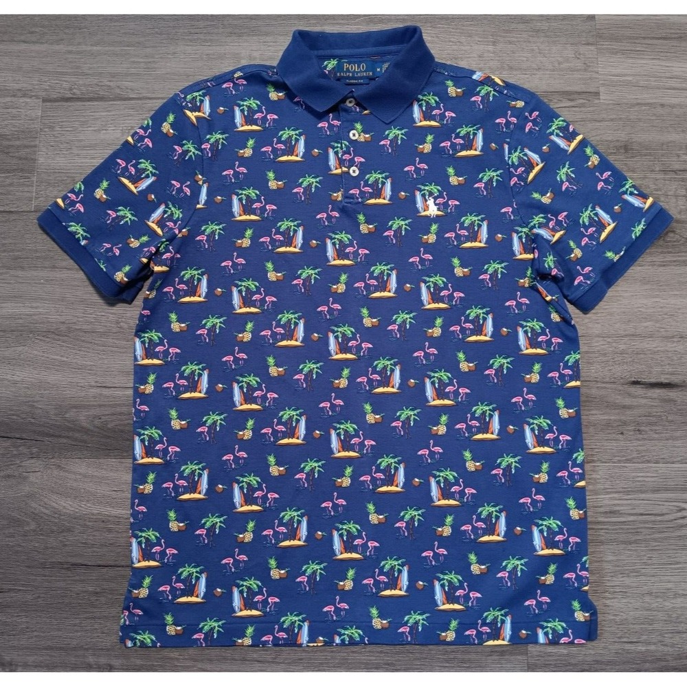 Polo Ralph Lauren Men's Blue Surfboards Flamingos Pineapples Polo Shirt Size M